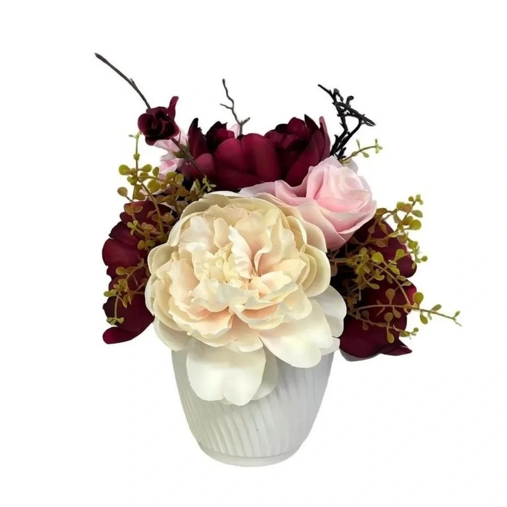 My Texas House Red and Pink Artificial Rose Floral Arrangement in White Pot